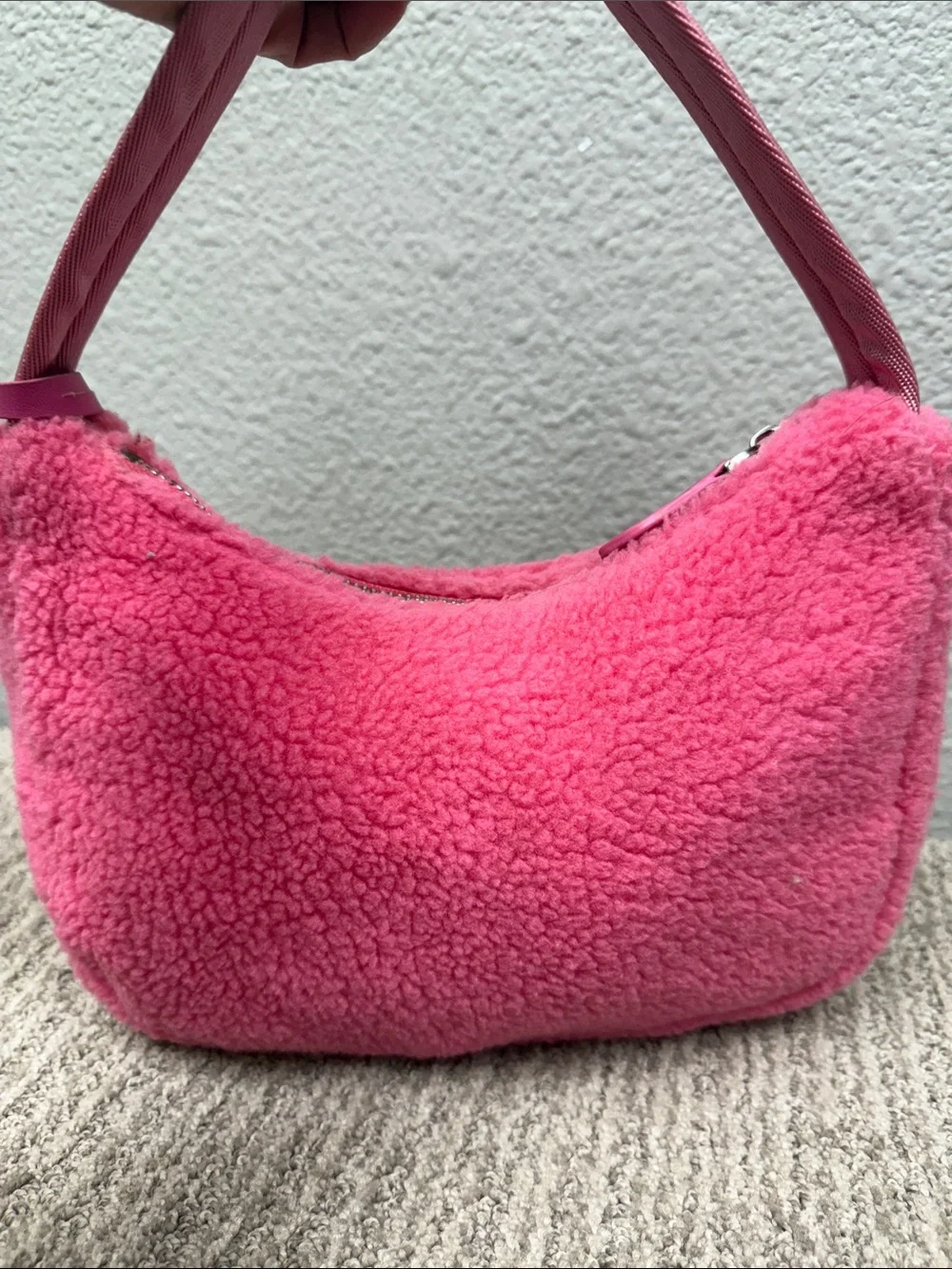Source Unknown Bright Pink Shearling Shoulder Bag with Black Logo